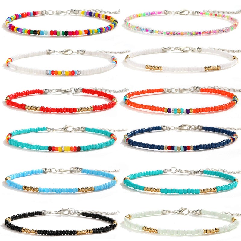 XIJIN 12Pcs Handmade Beaded Anklets for Women Boho Colorful Beads Ankle Bracelets Adjustable Foot Anklet Set - Image 1